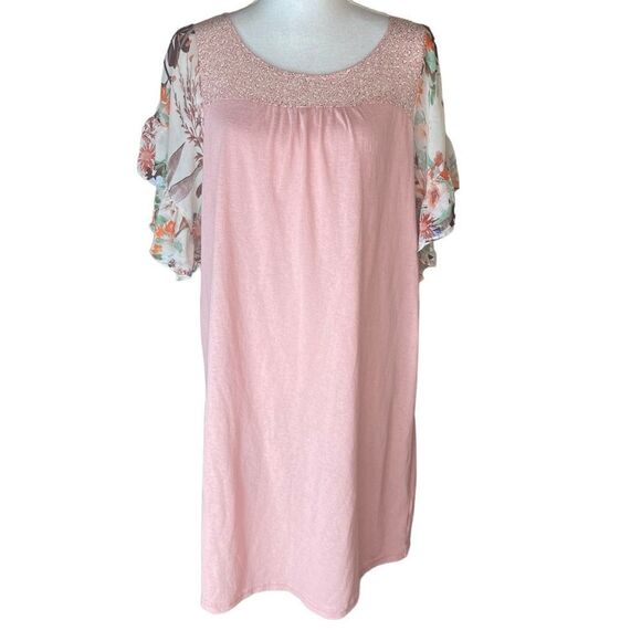 Umgee Wm’s Sz Lrg Faded Rose Pink Floral Cheetah Ruffle Sleeve Tunic Dress - Picture 1 of 6